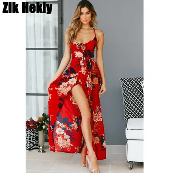 Красное платье Макси с открытой спиной и цветочным рисунком, лето 2023, женский сексуальный сарафан на бретельках, пляжное шифоновое платье в стиле бохо, Vestidos 16