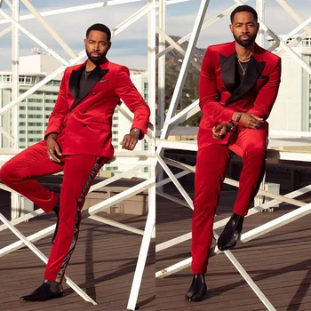 Красный бархатный мужской костюм из 2 предметов, смокинги для женихов, двубортный модный дизайнерский блейзер с отворотом для выпускного вечера, брюки 11