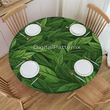 Круглая скатерть с зелеными листьями, домашний декор из мягкого волокна с эластичным ремешком 14