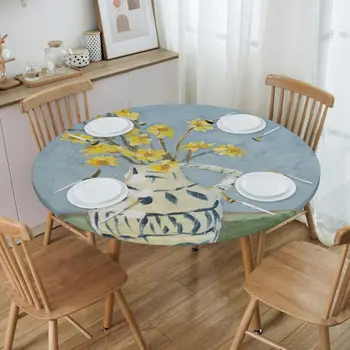 Круглая Эластичная скатерть с желтыми маргаритками, Маслостойкая Скатерть с цветами Маргаритки для кухни 16