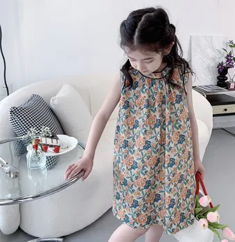 Летнее платье для маленьких девочек, высококачественное винтажное платье с цветочным принтом, удобное платье свободного кроя без рукавов 7