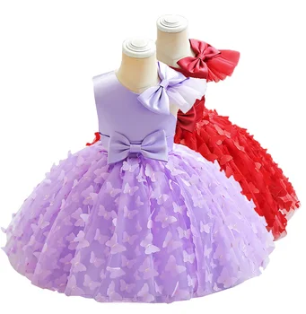 Летнее платье для маленьких девочек с сиреневой бабочкой и цветочным узором для свадьбы, красное платье для вечеринки по случаю дня рождения с бантом для девочек 1-8 лет 19