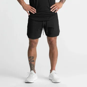 Летние двухслойные спортивные шорты для фитнеса, мужские тонкие шорты с искусственной подкладкой из двух частей, быстросохнущие дышащие брюки из никелевой ткани 5