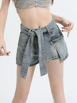 Летние однотонные французские винтажные шорты, женские повседневные модные джинсовые брюки на шнуровке, женские дизайнерские милые брючные юбки трапециевидной формы с бантом, новинка 2023 года 15