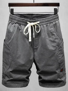 Летние хлопковые повседневные шорты-карго для мужчин, спорт на открытом воздухе, пляж, темно-серые короткие брюки с эластичной резинкой на талии и завязками 2