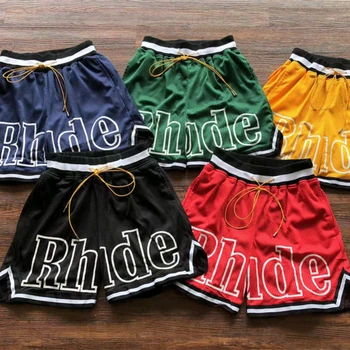 Летние шорты с логотипом Rhude на шнурке, Мужские Женские хип-хоп Свободные бриджи RHUDE из дышащей сетки с бирками, спортивные шорты для мужчин 6