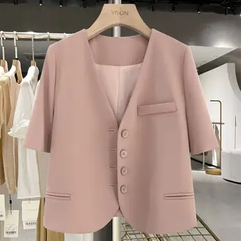 Летний тонкий розовый маленький пиджак женский 2023, новый короткий Джокер, темперамент онлайн-знаменитостей, блейзеры с коротким рукавом, женские топы 4
