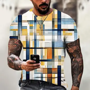 Летняя мужская футболка с 3D принтом в клетку, короткий рукав, повседневный модный топ с круглым вырезом, футболка в стиле модерн для мужчин, одежда оверсайз 7