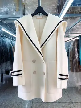 Матросский воротник, лоскутное пальто из 100% шерсти, женская Корейская модная свободная зимняя куртка 2023, Осень 20