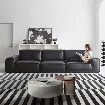 Мебель для гостиной полностью кожаная, большой черный диван из коровьей кожи, итальянский минималистичный черный кожаный диван из коровьей кожи 10