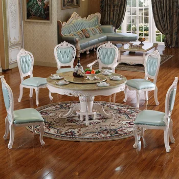 Мебель для столовой круглый стол из европейского мрамора с поворотным кругом обеденный стол из массива дерева для дома, комбинированный круглый стол со стулом 18