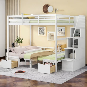 Многофункциональный дизайн, Полноразмерная двухъярусная кровать с функциональной лестницей, кровать может быть трансформирована в Сиденья и столовый сервиз.