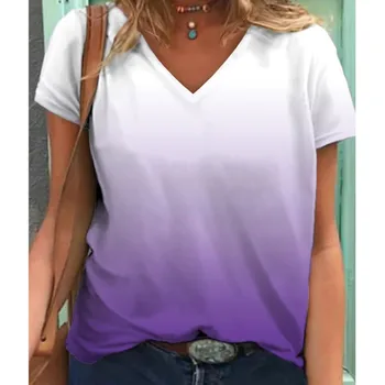 Модная футболка градиентного цвета, женская одежда, повседневный топ с V-образным вырезом и короткими рукавами, Летняя спортивная женская одежда свободного кроя 18