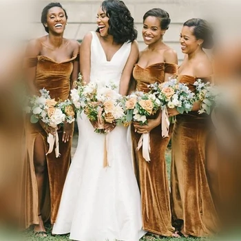 Модные бархатные платья подружек невесты с короткими рукавами, сексуальное свадебное платье Русалки без бретелек, шлейф на молнии с разрезом, Mujer Invitada Chic 13