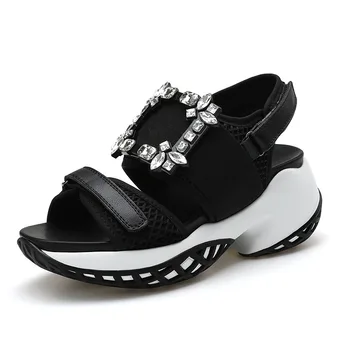 Модные женские туфли с украшением в виде кристаллов, толстая платформа, круглый носок, Дышащие женские босоножки с открытым носком, нескользящая пикантная женская обувь для вечеринок 20