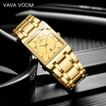 Модный бренд VAVA VOOM Дизайн Новые квадратные Классические мужские роскошные часы Ремешок из нержавеющей стали Золотого цвета Водонепроницаемые кварцевые часы 2
