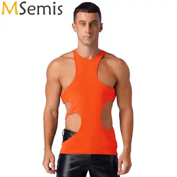 Мужская футболка для бодибилдинга, демонстрирующая мускулистую клубную одежду, Асимметричная открытая облегающая майка для фитнеса, топы без рукавов с круглым вырезом 19