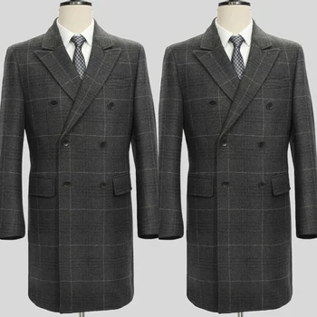 Мужские костюмы, сшитые на заказ, цельное длинное пальто, Двубортный смокинг с остроконечными лацканами, пальто в клетку и полоску, формальный плюс размер, сшитый на заказ 5