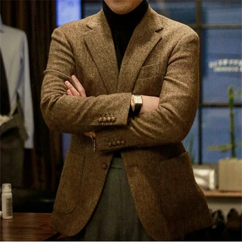 Мужской Блейзер, куртка в елочку, Деловое офисное пальто, Зимний Теплый шерстяной костюм, однобортная одежда с лацканами