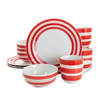 Набор Круглой Тонкой Керамической Посуды Sunset Stripes из 12 Предметов красного цвета 13