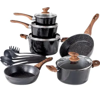 Набор посуды из 15 предметов, Гранитные кастрюли и сковородки с антипригарным покрытием, можно мыть в посудомоечной машине, черный 6