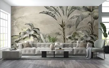 Настраиваемые акварельные тропические обои, съемная настенная роспись с пальмами, Лесные обои пастельных тонов, Винтажный декор стен 12