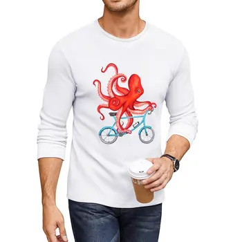 Новая длинная футболка с изображением велосипедного осьминога, графические футболки, милые топы, футболки для мальчиков, мужская футболка 9