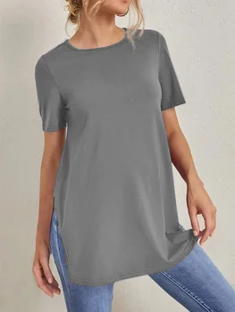новая мода 2023 года с однотонной женской рубашкой для беременных с круглым вырезом и разрезом с короткими рукавами черного цвета 18