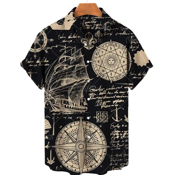 Новая мужская гавайская рубашка в стиле унисекс в стиле ретро, рубашка большого размера, парусник, компас, морской 3D принт, ретро Мужская рубашка, Свободный короткий рукав