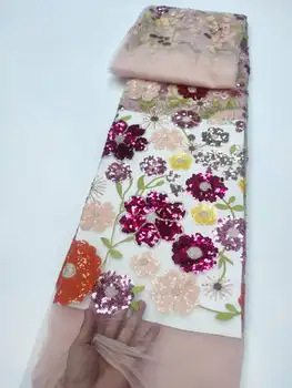 Новая розовая кружевная ткань в африканском стиле 5 ярдов с пайетками 2023, высококачественное французское тюлевое кружево, Нигерийский кружевной материал для свадебного платья 20