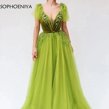 Новое поступление Длинное Тюлевое вечернее платье Abendkleider Арабского зеленого цвета с V-образным вырезом, Сексуальные вечерние платья Abiye Vestidos de fiesta largos 4