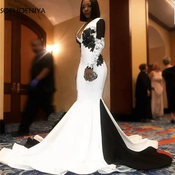 Новое поступление, черно-белые вечерние платья с длинными рукавами, V-образный вырез, спинка, Русалка, Африканские вечерние платья Robe Soiree 6