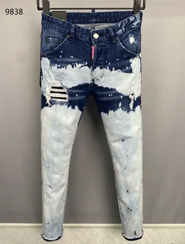 Новые высококачественные 9838 Модные классические джинсы с дырочками, окрашенные синим лаком, для мужчин и женщин 44-54 г. 10
