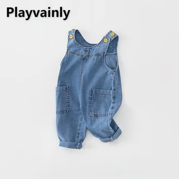 Новый весенне-осенний комбинезон для маленьких мальчиков и девочек, синий джинсовый комбинезон с круглым вырезом, большим карманом и регулируемым ремешком, Детские повседневные брюки E82062 2