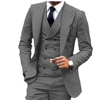 Новый костюм Homme Серый Жилет с отворотом и двойной грудью, мужской костюм, приталенная Деловая официальная одежда для жениха, 3 предмета, блейзер Terno