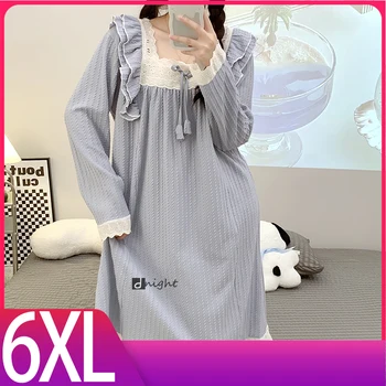 Ночная рубашка большого размера с длинным рукавом, ночная рубашка, женское платье, пижама, домашняя юбка для сна, Средняя юбка, ночная рубашка 5XL 6XL 19