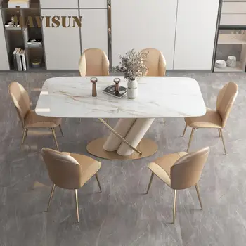 Обеденный гарнитур Белого дизайна, мебель на цилиндрическом основании, прямоугольный стол из каменной плиты для большой квартиры, простые кухонные столы 20