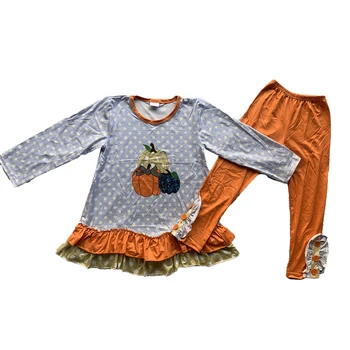 Одежда для девочек в стиле Хэллоуина, топ с длинным рукавом + брюки, комплект из молочного шелка с рисунком тыквы 19