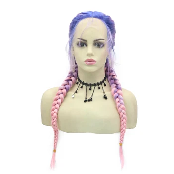 Омбре Фиолетово-розового цвета, длинные плетеные парики, трансвеститы, синтетические парики на кружеве спереди для женщин, 2 тона, высокотемпературные натуральные волосы