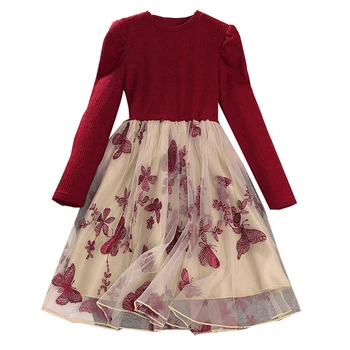 Осеннее повседневное платье трапециевидной формы с длинными рукавами и принтом для девочек, тюлевое платье в стиле пэчворк, осенняя одежда 14