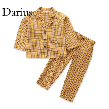 Осенний комплект для девочек, желтое клетчатое пальто + брюки, костюмы для детей, детская одежда 12
