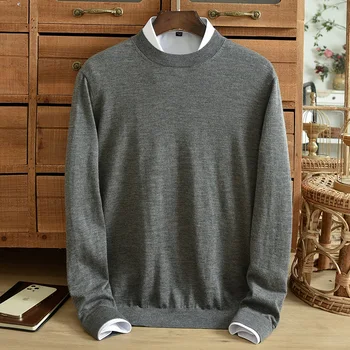 Осенний мужской свитер из чистого кашемира, камвольная тонкая основа, круглый вырез, корейская версия, приталенный крой, свитер среднего возраста и высокого класса