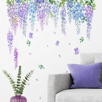 Пасторальные Фиолетовые цветы, наклейка на стену для комнаты девочек, украшение спальни дочери, Фоновый декор гостиной, наклейки на стены 4