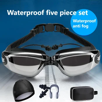 Прямые противотуманные очки для плавания с гальваническим покрытием высокой четкости, очки для взрослых, набор шапочек для плавания, несколько цветов 4
