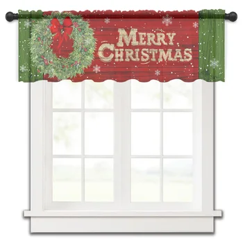 Рождественский венок из сосновых иголок с бантом, Короткая занавеска, Полупрозрачная занавеска для кухонной двери, кафе, маленького окна, прозрачные занавески 6