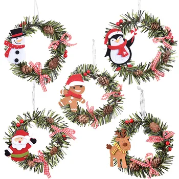Рождественский венок, украшающий входную дверь сосновым венком со снеговиком, Санта-Клаусом, Лосем, пингвином, рождественской елкой, подвеской в виде сосновой шишки 17