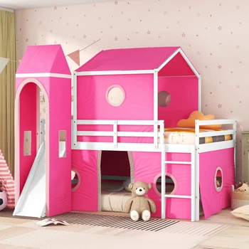 Розовая полноразмерная двухъярусная кровать с горкой, Розовая палатка и башня, легко монтируемая для мебели для спальни в помещении 10