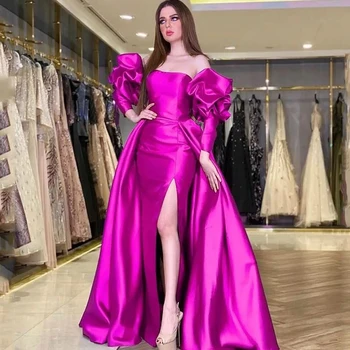 Розово-красные платья русалки для выпускного вечера с пышными рукавами и разрезом по бокам, официальное вечернее платье Саудовской Аравии, коктейльные платья для вечеринок длиной до пола 8