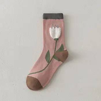 Розовые носки с вышивкой в виде цветка Харадзюку, ретро винтажные женские носки для старшеклассниц в стиле колледжа, милые длинные носки в японском стиле Каваи 5