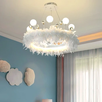 Романтическая люстра в скандинавском стиле с перьями для спальни, современный хрустальный подвесной светильник для комнаты девушки, гостиная, светодиодная декоративная подвесная лампа 9